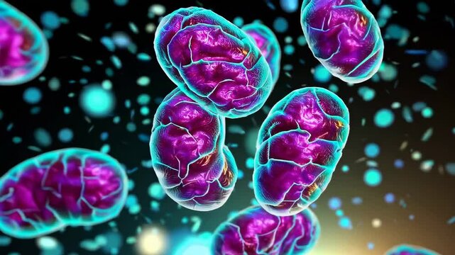 Glowing mitochondria floating in a dynamic cellular environment

