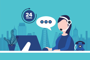 Customer service, call center, customer support concept vector illustration. Woman staff working with laptop