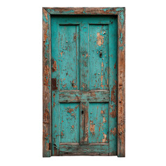 Naklejka premium Weathered Teal Doorway: A close-up shot of an aged teal door with peeling paint, revealing the textures of time and history.