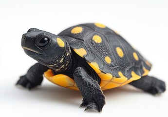 Obraz premium Close-Up View of a Yellow and Black Spotted Turtle Crawling on Smooth White Surface, Showcasing Its Unique Shell Patterns and Textures