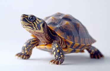 Obraz premium Close-Up View of Colorful Turtle Walking on Light Background with Detailed Texture and Unique Patterns Showcasing Nature's Artwork and Wildlife Beauty