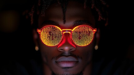 High-tech programmer working with futuristic code visuals in a secure digital environment. Themes of software innovation and cyber security dominate.