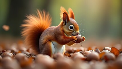Obraz premium red squirrel feeding hazelnuts