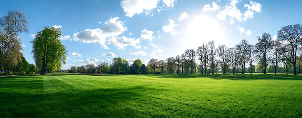 Panoramic green meadow sunny landscape with blue sky and white clouds in springtime nature scenery