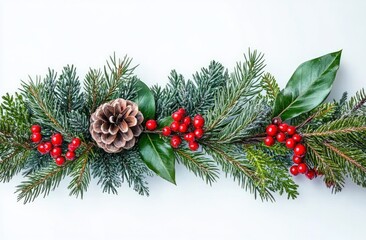 Minimalist botanical arrangement with pine cones, red berries and green foliage on white background