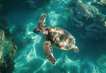 Obraz premium Colorful sea turtle swimming gracefully in clear turquoise water, exploring vibrant underwater world surrounded by rocky formations and gentle light reflections.