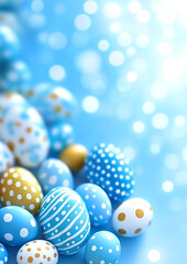 A blue and white egg with a gold stripe is surrounded by other eggs. The eggs are decorated with polka dots and stripes, creating a playful and festive atmosphere