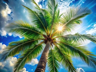 Fototapeta premium Tropical Paradise: Low Angle Palm Tree, Blue Sky, Endless Summer, Vacation, Travel Photography