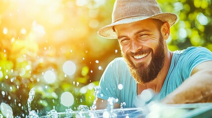 happy man playing with water outdoors - authentic lifestyle imagery