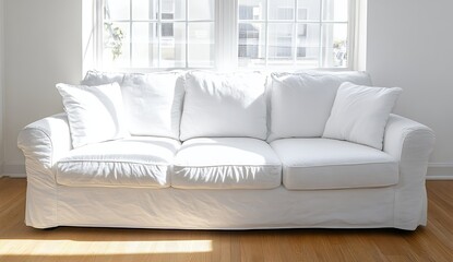 White Sofa with Plush Cushions in Bright Room Near Window