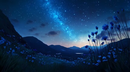 Fototapeta premium Night Sky Full of Stars Over Mountain Landscape with Blue Flowers