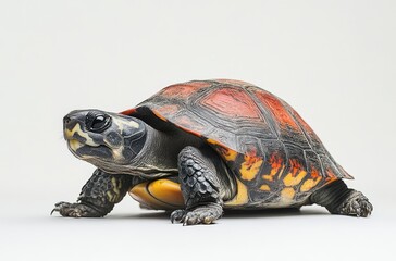Obraz premium Colorful tortoise with intricate shell patterns on a neutral background showcasing the beauty of wildlife and nature in a studio setting