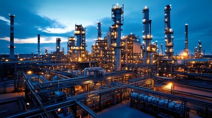 Fototapeta premium Nighttime View of Industrial Complex with Illuminated Structures