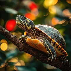 Obraz premium Colorful Turtle on a Branch Surrounded by Blurred Greenery and Bokeh Lights in a Vibrant Natural Environment