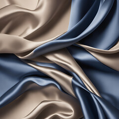 Obraz premium Luxurious beige and blue satin fabric with elegant, flowing folds. Silky, smooth, and glossy texture, ideal for fashion, backgrounds, and interior design.