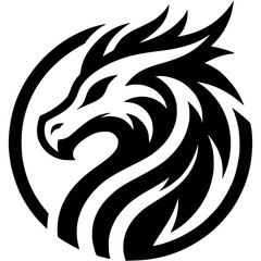 Obraz premium Tattoo of dragon head side view in monochrome. Wild dragon emblem. Engraving minimalistic vector in black ink drawing on transparent background