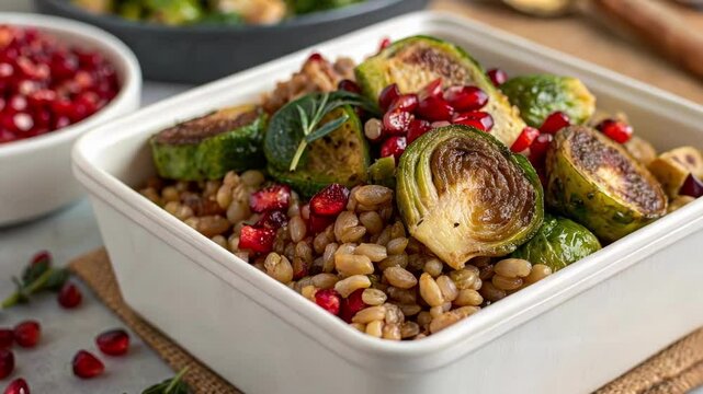 A detailed view of a container filled with farro roasted Brussels sprouts and pomegranate seeds showcasing a delightful combination of textures and flavors.