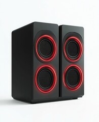Obraz premium Gaming PC desktop speakers, two speakers on the front of a black plastic box with red lighting