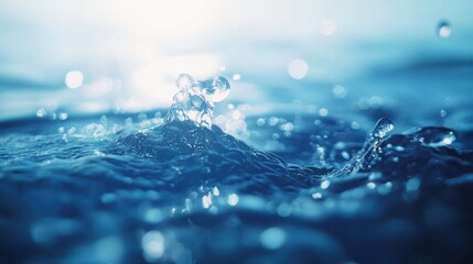 Close-up of water droplets splashing, creating ripples and bokeh effects on a sunlit surface.
