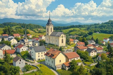 Obraz premium Impressionist Aerial View of Small Town with Old Church and Vibrant Rooftops in Poland