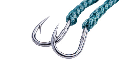 Close-up of shiny fishing hooks attached to a braided rope, ideal for fishing enthusiasts. transparent background