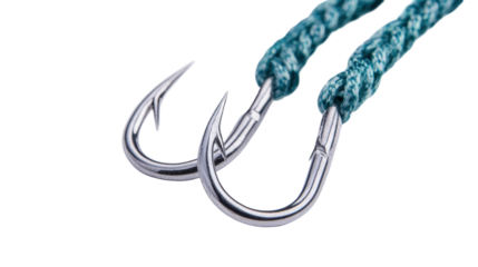 Close-up of shiny fishing hooks attached to a braided rope, ideal for fishing enthusiasts. transparent background