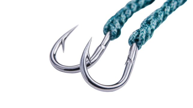 Close-up of shiny fishing hooks attached to a braided rope, ideal for fishing enthusiasts. transparent background