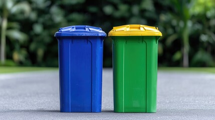 Blue and green recycling bins outdoors, park background, waste disposal