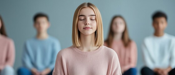 AI-Assisted Education Concepts. Young woman meditating in a group setting with serene expressions.