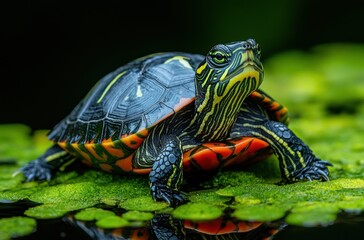 Colorful Turtle Sitting on Green Lily Pads in Calm Water with Vibrant Texture and Detailed Patterns, Symbol of Nature and Serenity