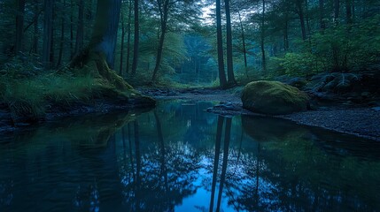 Serene Forest Stream with Reflections in Calm Water at Dusk