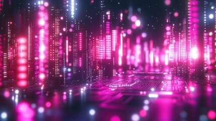 Fototapeta premium High-tech AI chipset embedded in a futuristic circuit board, illuminated by neon lights and surrounded by complex digital pathways.
