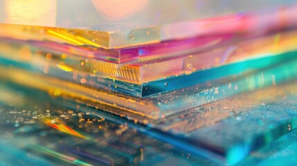 Obraz premium A stack of colorful acrylic sheets showcases vibrant hues and textures, reflecting light beautifully in a creative display