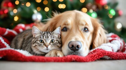 Cat and dog cuddling by Christmas tree. Holiday pet portrait, festive background