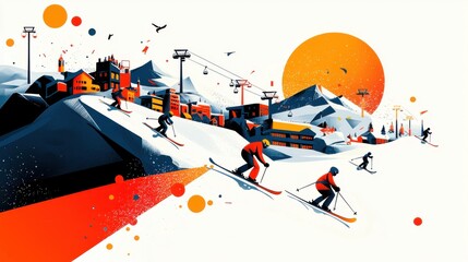 Vibrant Imaginative Flat Illustration of Skiing in Winter Landscape