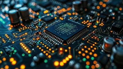 Obraz premium Glowing AI chipset on a futuristic circuit board, surrounded by intricate electronic designs and digital energy in a technology-themed background.