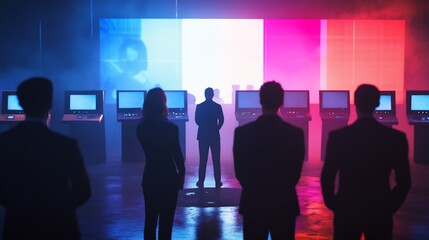 Silhouettes of Figures in a Futuristic Room with Large Screens