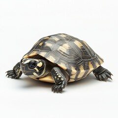 Fototapeta premium Detailed Close-Up of a Box Turtle on a Plain Background Showcasing Shell Patterns and Texture with Natural Color Variations in a Studio Setting