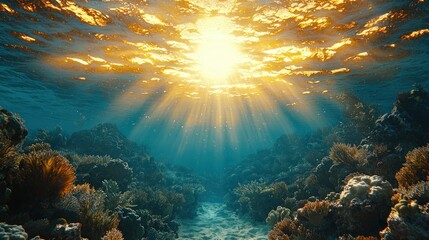 Fototapeta premium Radiant Underwater Coral Reef: A Sunlit Ocean Scene