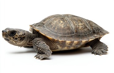 Naklejka premium Detailed close-up of a tortoise on a plain background, showcasing its unique shell pattern and texture, ideal for nature and wildlife-themed projects