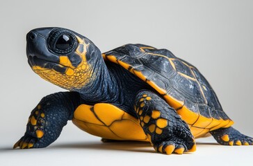 Obraz premium Detailed Close-Up of a Vibrant Black and Yellow Turtle with Glossy Shell and Intricate Patterns Set Against Clean Light Background