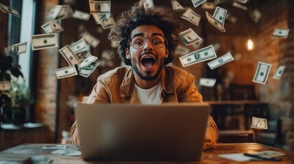 Excited man looking at laptop with money falling.