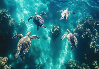 Fototapeta premium Four Majestic Sea Turtles Gracefully Swimming Over Colorful Coral Reefs in Crystal Clear Tropical Waters Under Bright Sunlit Sky