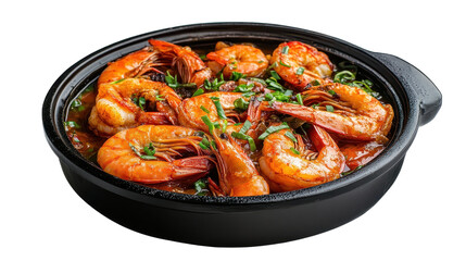 Fototapeta premium Delicious shrimp dish in black ceramic bowl. transparent background