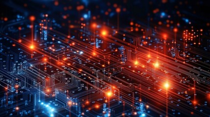 Dynamic circuit board design with glowing neon lines in random patterns, symbolizing AI-driven processes and the vibrant flow of big data.