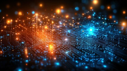 Fototapeta premium Abstract circuit board illustration with random streaming neon lines in bold colors, capturing the innovative and dynamic nature of AI and big data.