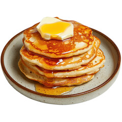 Golden Pancake Delight: A mouthwatering stack of pancakes topped with melting butter and drizzled with golden syrup, served on a rustic plate, inviting a moment of pure indulgence. 