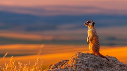 Meerkat Standing Alert on a Rock at Sunset Overlooking a Vast Golden Landscape