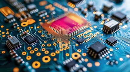 Obraz premium High-tech circuit board background with vibrant neon lines in motion, ideal for futuristic AI and big data-themed digital illustrations.