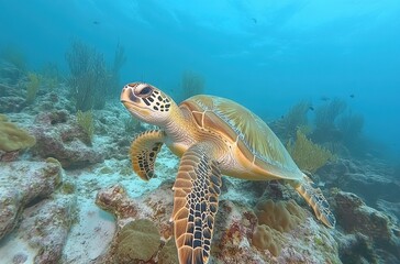 Fototapeta premium Graceful sea turtle gliding through vibrant coral reef under clear blue water, showcasing marine life and underwater beauty in tropical ocean environment